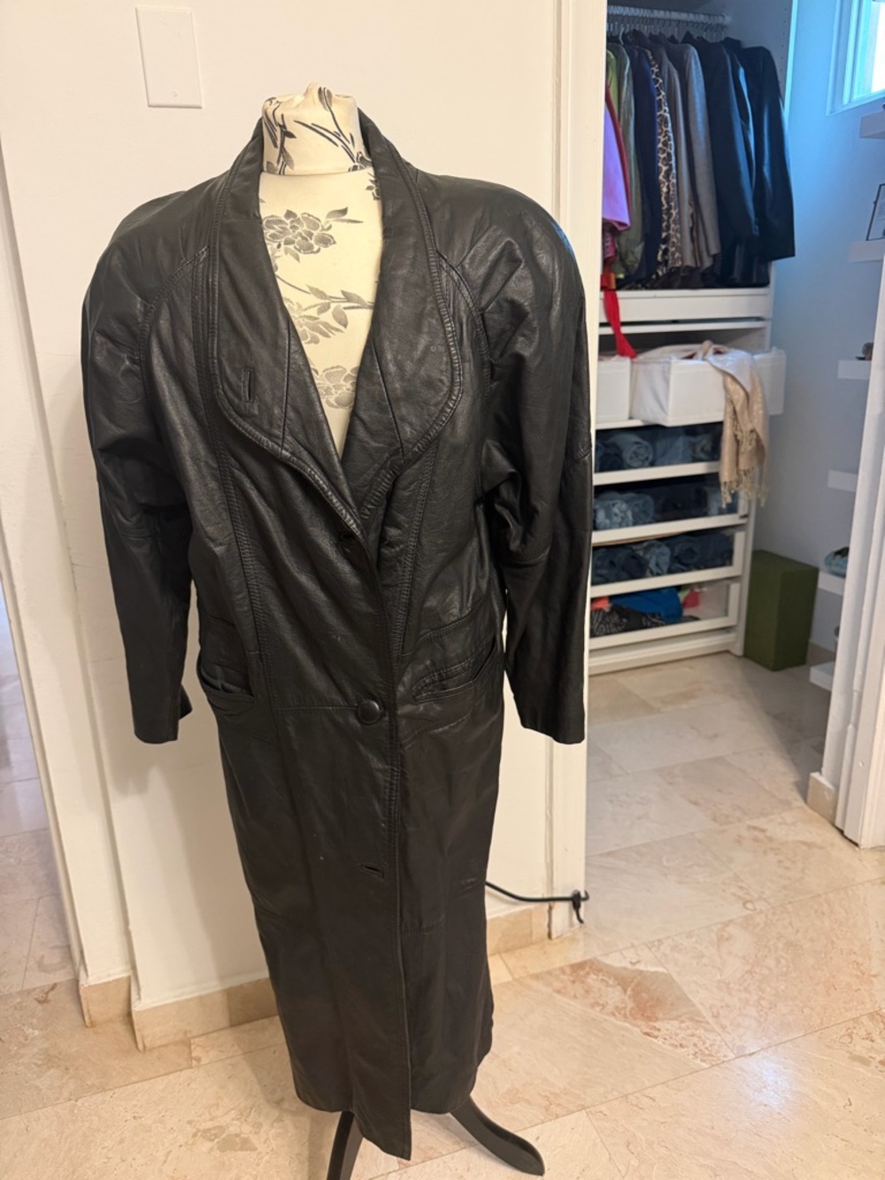 Ada Long Black Leather Coat with Notch Lapel